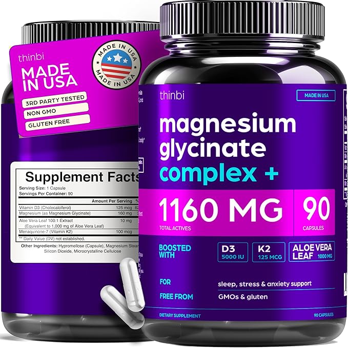 Magnesium Glycinate 1160mg + Aloe Vera, D3 & K2 Complex 90 Capsules - High Absorption, Non-Laxative - Supports, Muscle Function & Healthy Metabolism Chelated Formula
