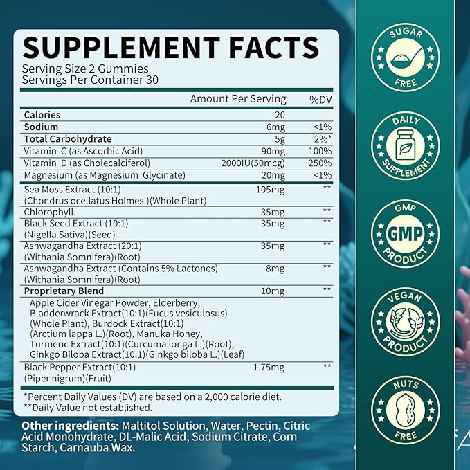 Sea Moss Gummies with Ashwagandha & Chlorophyll, Immune, Digestive and Gut Detox Support, Powered by Black Seed Oil, Vitamin C, Vitamin D & Magnesium, GMO, Vegan, Apple Flavor, 60 SeaMoss Gummies