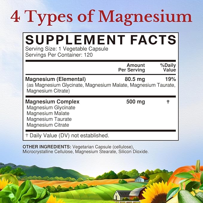Vitalitown Magnesium Complex Supplement 500mg - NSF Certified Magnesium Glycinate, Malate, Taurate & Citrate - Chelated High Absorption & Gentle on Stomach - Vegan Non-GMO 120 Capsules