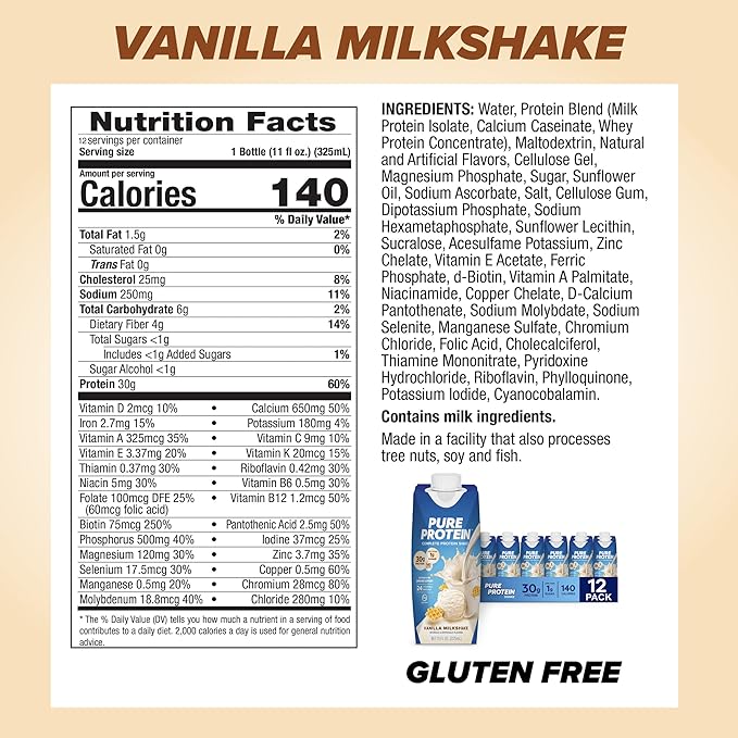 Pure Protein Vanilla Protein Shake,30g Complete-Protein,Vitamins A,C,D,and E plus Zinc to Support Immune Health,Ready to Drink and Keto-Friendly,11oz Bottles,(Pack of 24)