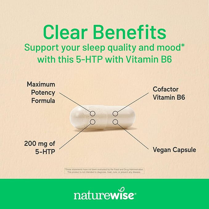 NatureWise 5-HTP 200mg Supplement from Griffonia Seeds with Cofactor Vitamin B6 - Mood Support and Natural Sleep Aid for Adults - Delayed-Release,Vegan - [2-Month Supply],60 Count (Pack of 2)
