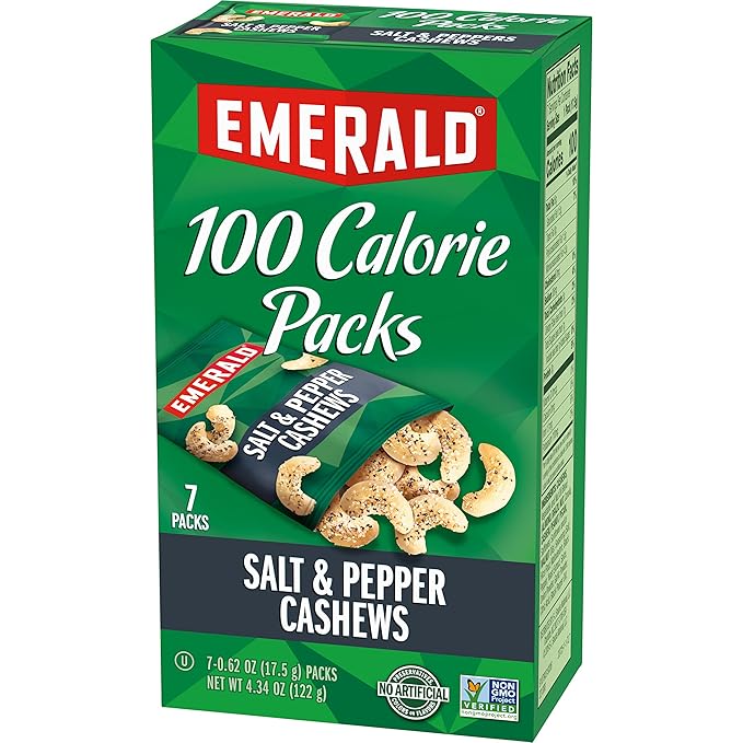 Emerald Nuts, Salt & Pepper Cashews, 100 Calorie Packs, 7 Count, 4.34 Oz (Pack of 4)