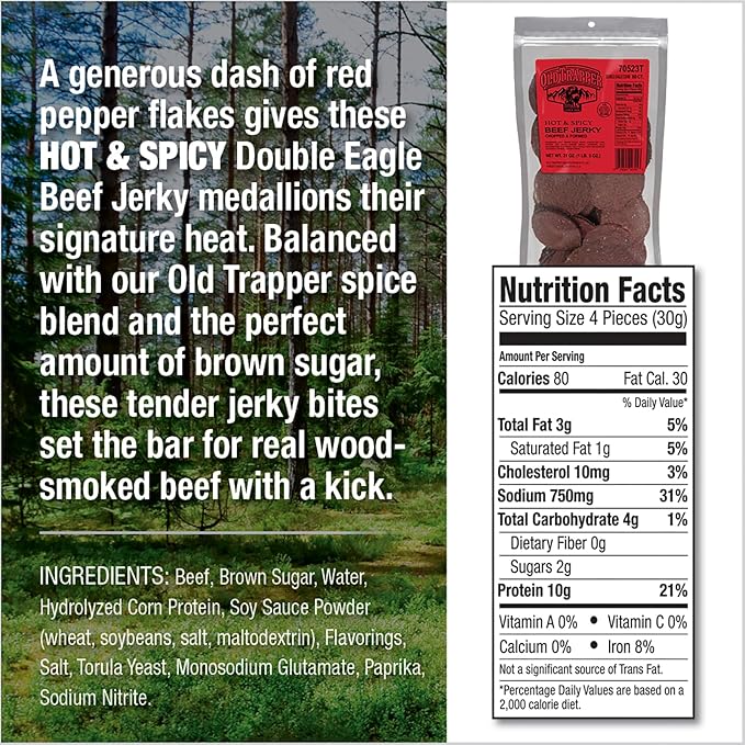 Old Trapper Double Eagle Beef Jerky, Hot & Spicy Flavor, 21 Ounce Package, Natural Wood Smoked Meat Snacks, 10 Grams of Protein and 80 Calories per Serving (Pack of One)