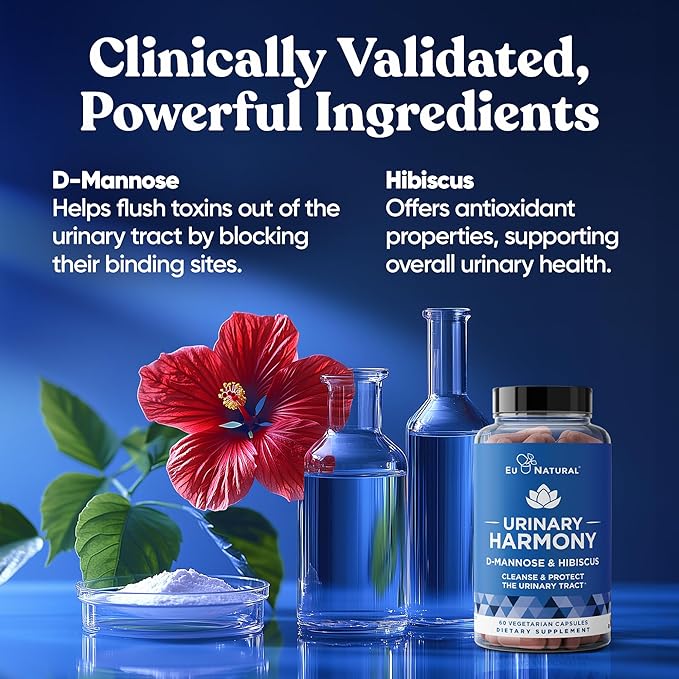 Eu Natural Urinary Harmony D-Mannose Supplement - Urinary Tract Health for Women - Fast-Acting Urinary Cleanse & Flush with Clinical-Strength D-Mannose & Hibiscus - 60 Capsules