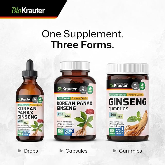 BIO KRAUTER® Ginseng Supplement for Energy, Focus, Performance & Immune Support - Pure Vegan Korean Red Ginseng 1600 mg per Serving - 100 Сapsules, 50-Day Supply, Non-GMO Herbal Supplement
