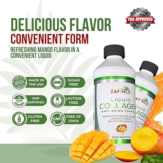 Best liquid collagen (mango flavor) US made & Lab tested sugar free premium peptides for women & men. powerful 10000 mcg Biotin+ 8000 mg hydrolyzed for anti aging glowing skin hair, nail+ joint-16floz
