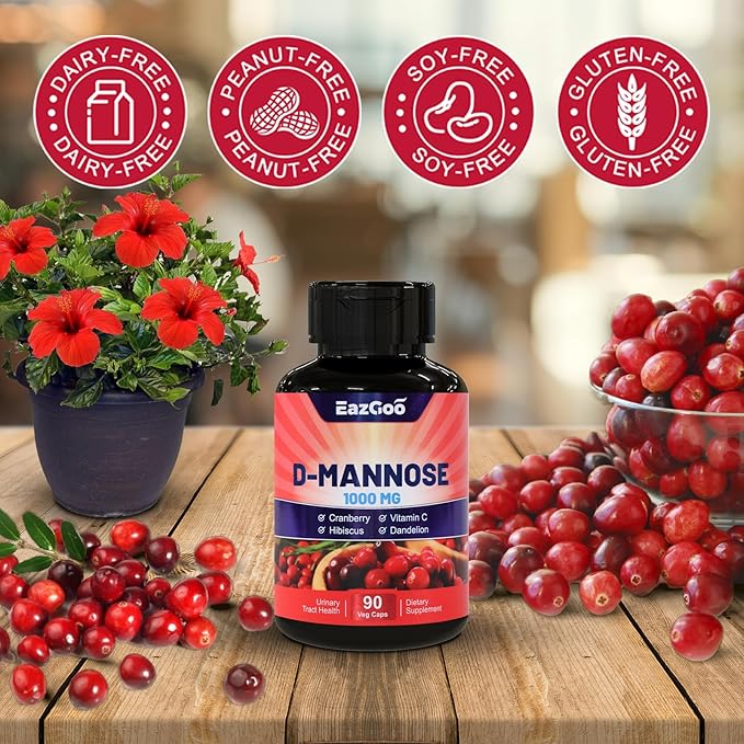 D-Mannose Supplement – 1000mg Capsules with Cranberry, Vitamin C, Hibiscus & Dandelion Extract, Support Urinary Health, D Mannose & Cranberry Capsules, 90 Count