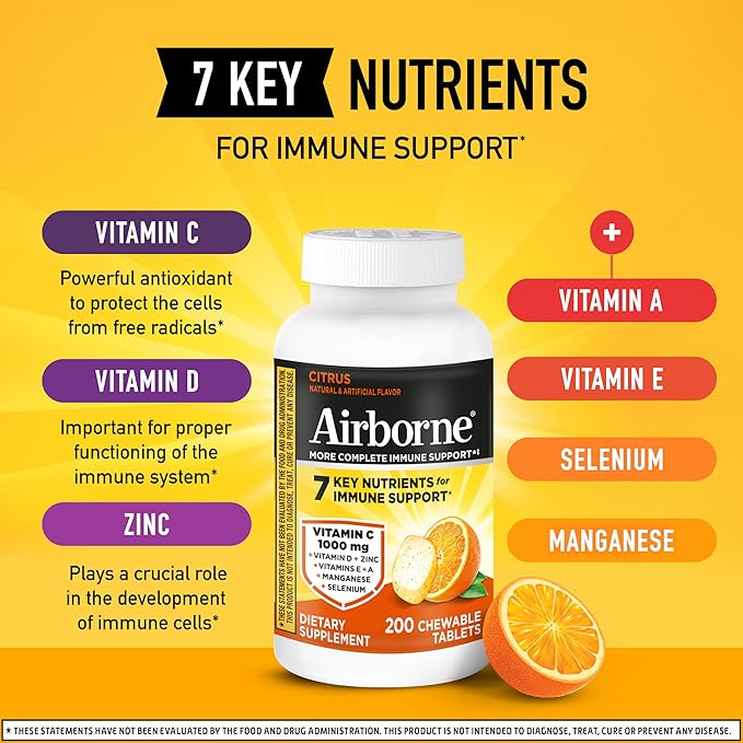 Airborne Citrus Chewable Tablets, 200ct | Immune Support Supplement with 1000mg Vitamin C + Vitamins A, D, E, Zinc,Selenium, & Manganese | Herbal Blend | Gluten Free