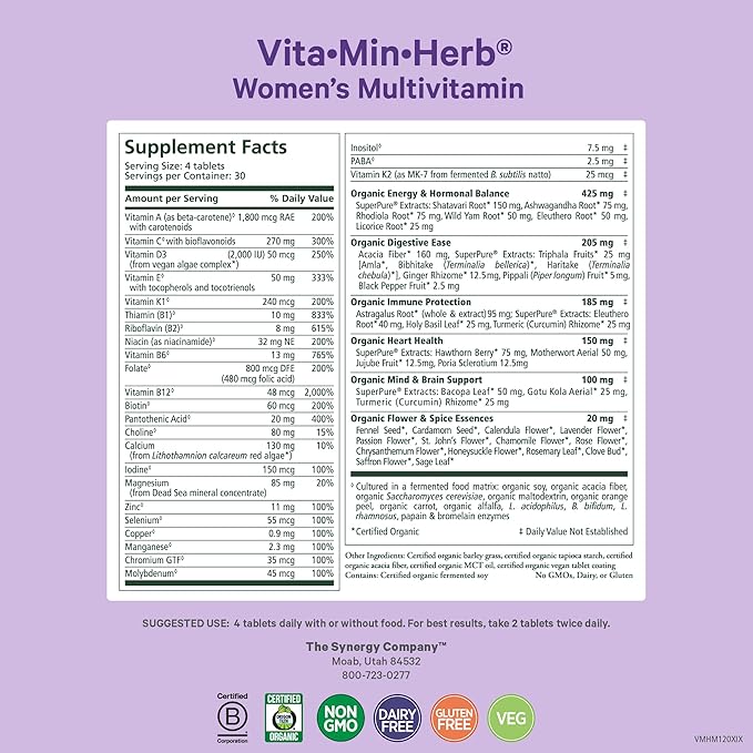 PURE SYNERGY Vita·Min·Herb for Women | Women’s Comprehensive Multivitamin Supplement | Made with Organic Whole Food Non-GMO & Vegan Ingredients | Supports Energy & Immune Health (120 Tablets)