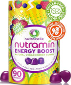 NUTRAMIN Energy Boost Vitamin Gummy - Skip The Coffee & Boost Your Energy, Caffeine-Free, Sugar-Free, Vegan, B12, Green Tea, Ashwagandha, Garcinia Cambogia, Raspberry Adaptogen - 90 ct
