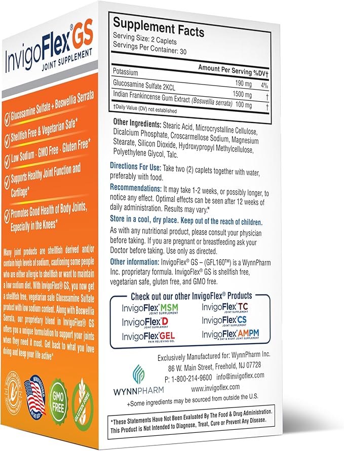INVIGOFLEX® GS - Glucosamine Sulfate (Shellfish Free, Sodium Free & Vegetarian Safe) Non GMO, Gluten Free - with Boswellia Serrata - Knees, Hands, Back, and Hip Premium Joint Supplement