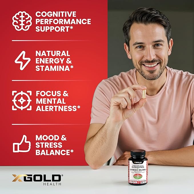 X Gold Health Korean Red Panax Ginseng + Ginkgo Biloba – 7% Ginsenosides Extra Strength – Energy, Memory, Focus & Brain Support – Premium Supplement for Men & Women – Non-GMO, 60 Vegan Capsules