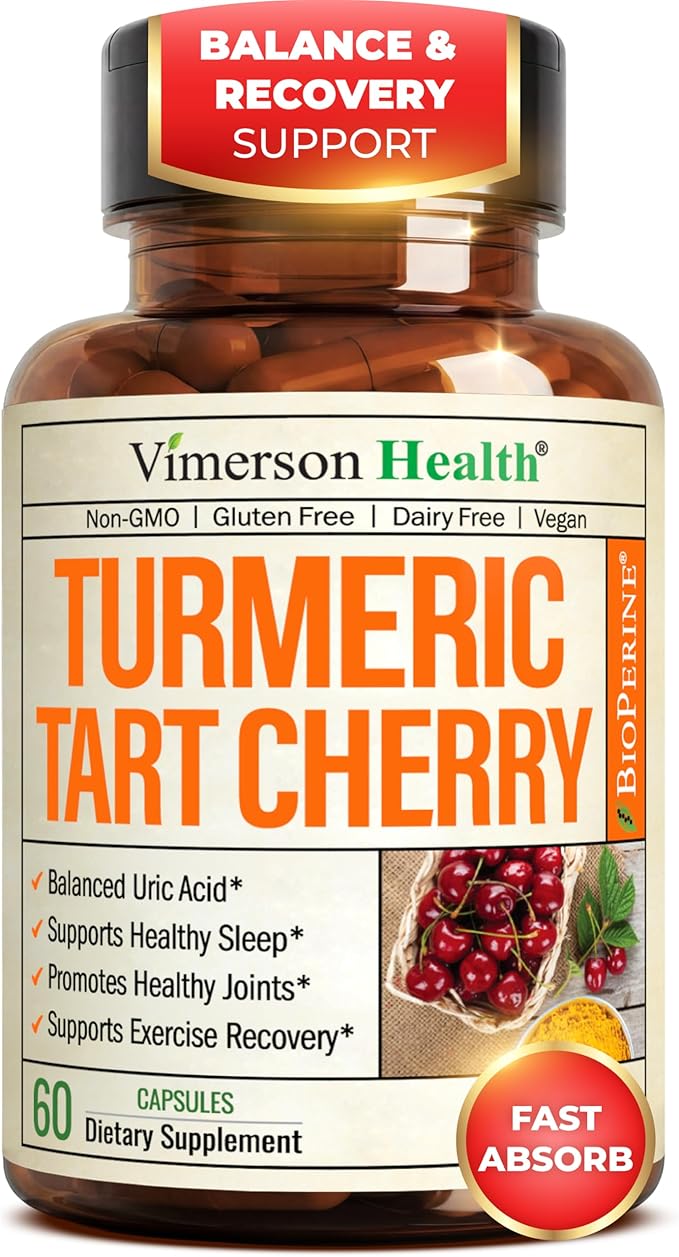 Turmeric Curcumin Supplement with 10:1 Tart Cherry Extract & Celery Seed Extract – Natural Uric Acid Balance, Joint Health & Sleep Aid – Turmeric Curcumin with Black Pepper – 60 Tart Cherry Capsules
