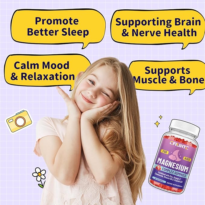 Kids Magnesium Gummies-Magnesium Glycinate Gummies for Kids Supplement-w/Zinc, Chamomile, Omega-3, Vitamin B6, D3 - for Sleep, Relaxation, Brain, Bones, Children's Calm, Sugar Free Strawberry 60ct