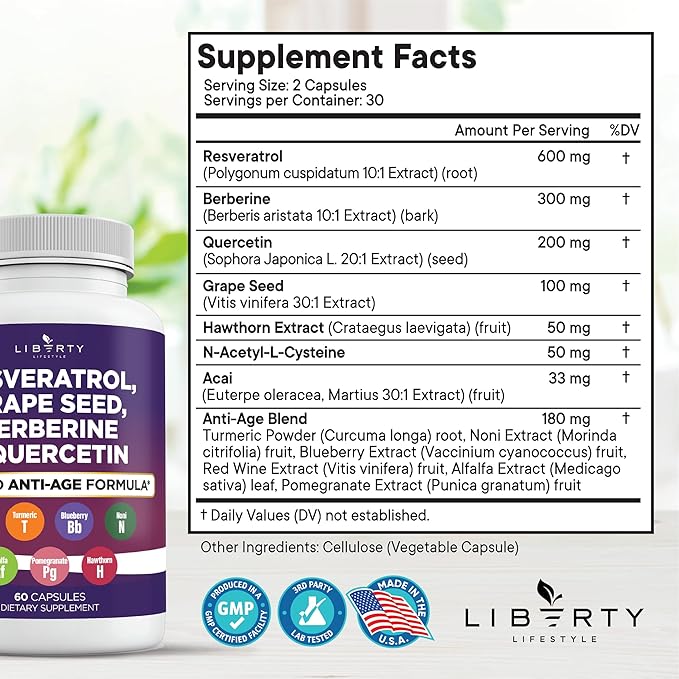 Liberty Lifestyle Resveratrol, Berberine, Grape Seed Extract, Quercetin, Polyphenol Supplement for Women and Men with Noni Extract, N-Acetyl Cysteine, Acai Extract (60 Count)
