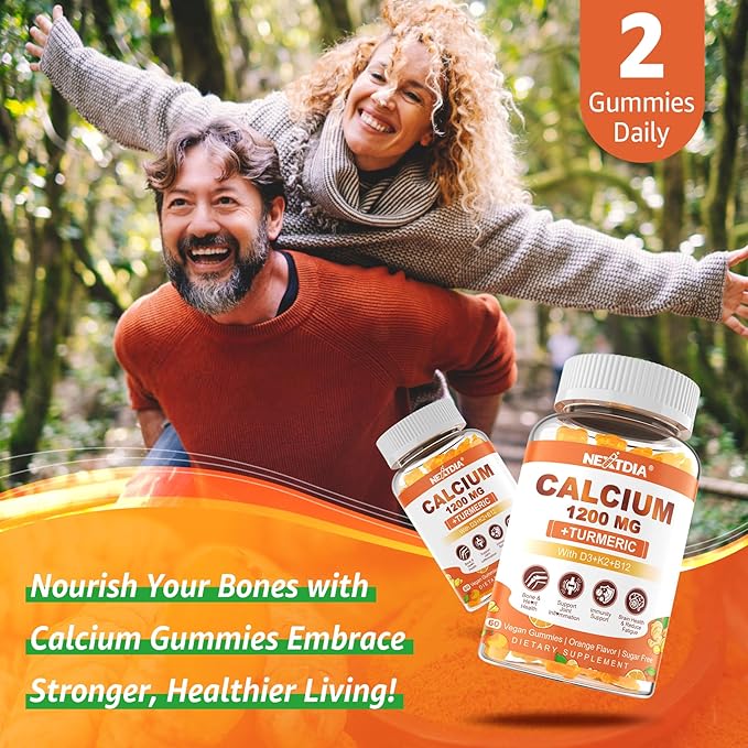 Calcium Gummies with Turmeric for Women & Men - Calcium 1200mg with Vitamin D3 K2 B12 5000 IU & Zinc, Suger-Free Calcium Supplement for Bone, Muscle Strength & Immune Support - Vegan(120 Count)