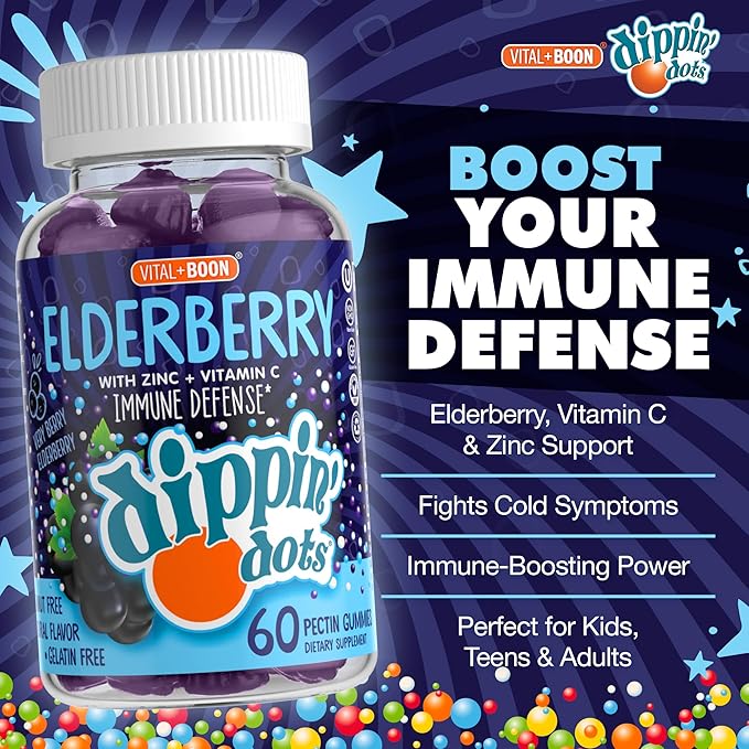 Dippin' Dots - Sambucus Elderberry + Vitamin C + Zinc Immune Support Gummies - Black Elderberry Gummies for Adults & Kids, Gelatin Free Gluten Free Immune Support Supplement for Women & Men (60 Count)