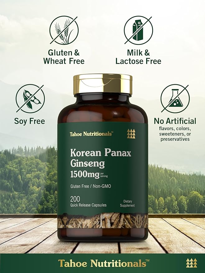 Tahoe Nutritionals Korean Panax Ginseng Extract 1500 mg | 200 Capsules | Supplement for Men & Women | Non-GMO and Gluten Free