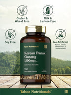 Tahoe Nutritionals Korean Panax Ginseng Extract 1500 mg | 200 Capsules | Supplement for Men & Women | Non-GMO and Gluten Free