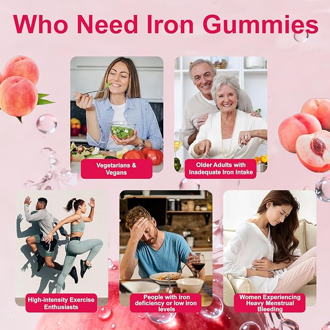 Iron Supplement Gummies for Women & Men - Iron Gummies with Folate Vitamin C B12 B6 Zinc, Peach Flavor, Vegan 60 Gummies