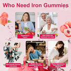 Iron Supplement Gummies for Women & Men - Iron Gummies with Folate Vitamin C B12 B6 Zinc, Peach Flavor, Vegan 60 Gummies