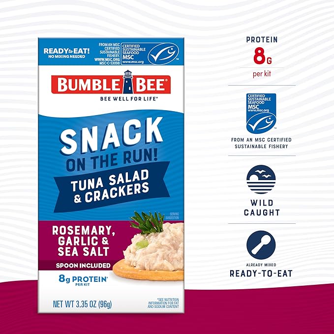 Bumble Bee Snack On The Run! Protein Pack, 8g per Box - Rosemary, Garlic, Sea Salt Tuna Salad with Crackers Kit - Ready to Eat Easy-Open Can - Wild Caught MSC-Certified Tuna (Pack of 12)
