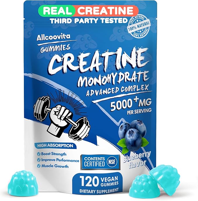 NSF Certified Creatine Gummy - Creatine Monohydrate Gummies 5000mg for Men & Women -120 Gummies Advanced Formula, Muscle Strength, Muscle Builder, Energy Boost, Pre-Workout Supplement-Blueberry