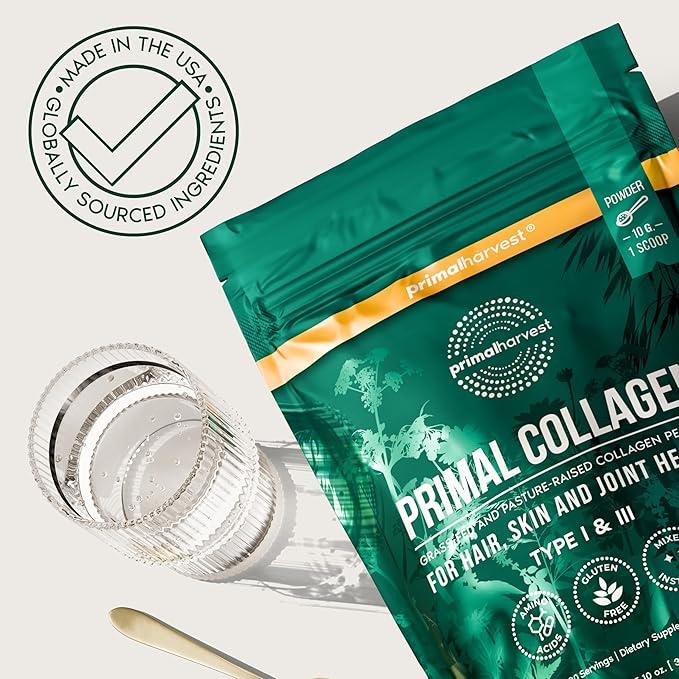 Primal Harvest Collagen Powder for Women or Men Primal Collagen Peptides Powder Type I & III, 10 Oz Collagen Protein Powder for Hair, Skin, Nails (Single, Original)