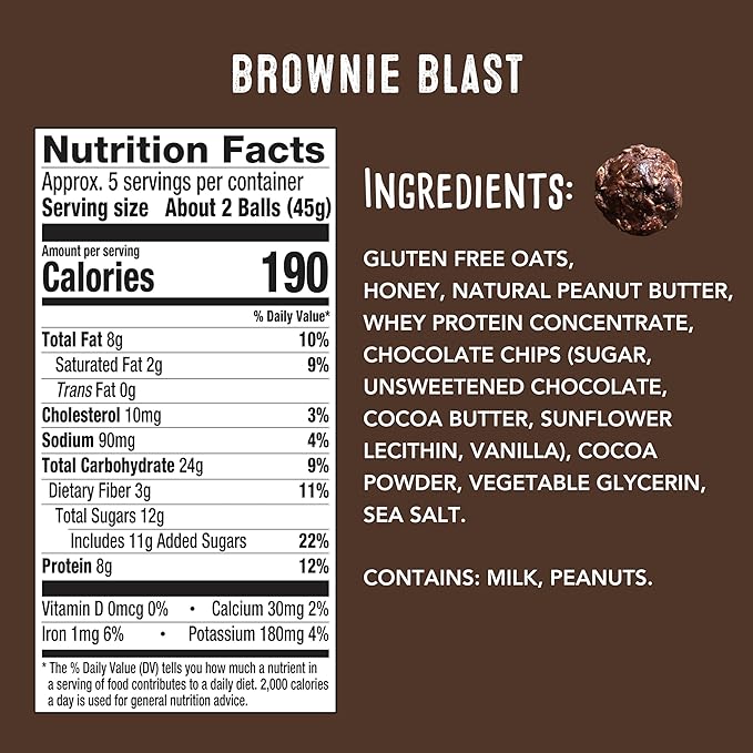 simplyFUEL Whole-Food Protein Balls (Brownie Blast), 8 g High-Protein, Gluten-Free, Healthy Snack for Adults & Kids, 9.6 oz
