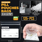 CURRAVAX Pill Pouch Bags for Travel Pack of 125- BPA Free 3 x 2.75 inch Pill Pouch - Pill Pouches for Medicine with Write on Label –Clear Ziplock Pill Baggies for Medicine Organizer