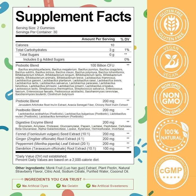 Totaria Sugar Free 5-in-1 Probiotic Prebiotic Postbiotic Gummy, 36 Strains Probiotics for Women Men with Digestive Enzymes, Peppermint, Complete Immune, Gut & Digestive Support, Vegan, 60 Counts