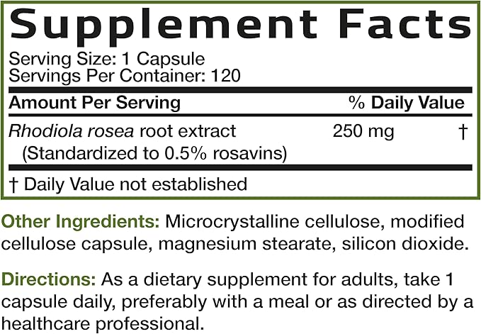 Bronson Rhodiola Rosea Vegetarian Capsules - Adaptogenic Herb - Brain, Stress & Mood Support - Non-GMO, 120 Count