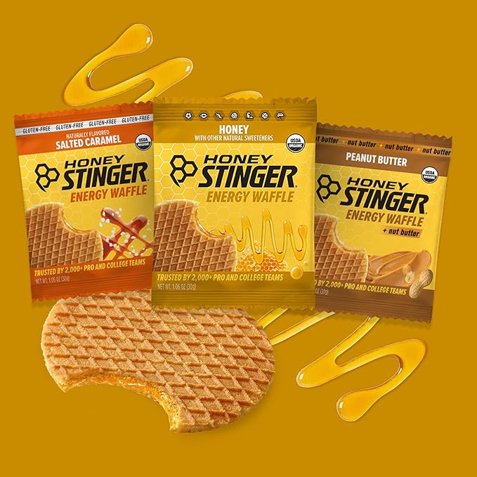 Honey Stinger Organic Energy Waffle Classic Original Flavors Variety Pack of 18, 6 Pack Each of Honey, Salted Caramel, Peanut Butter, Nutritious Stroopwafel Snack for Performance, Cycling, Running