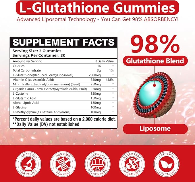 30 Days Supply 2500MG Liposomal Glutathione Gummies,Enhance 98% Absorption-for Skin whitening & Support Liver Function, Antioxidant for Aging Alleviation