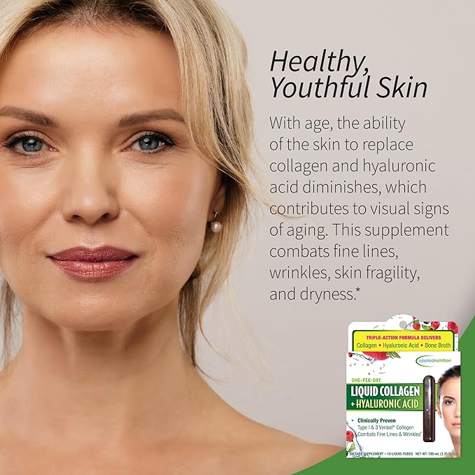 Applied Nutrition Liquid Collagen + Hyaluronic Acid - 10 Liquid Tubes, Pack of 2 - Skin & Nail Restoration - Mixed Berry Flavor - 20 Servings