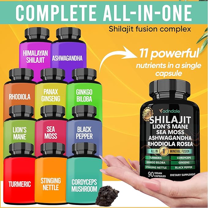 Adndale Shilajit for Men and Women. Pure Himalayan Organic Shilajit Capsules with Sea Moss Ashwagandha Rhodiola Rosea Lion’s Mane. 90 Count