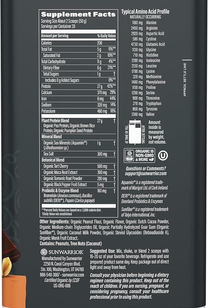 Sunwarrior Organic Plant Based Protein Powder | Vegan Organic Protein Powder with BCAAs Plus Recovery Minerals & Botanicals | Non-GMO Soy Dairy & Gluten Free (Chocolate Peanut Butter, 20 Servings)
