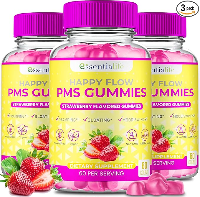 PMS Gummies - Happy Flow PMS Support Supplement for Women - Strawberry PMS Relief Supplement with Vitamin B6 for Hormone Balance, Period Support, Cramps, Hormonal Acne & Bloating Relief (180 Count)
