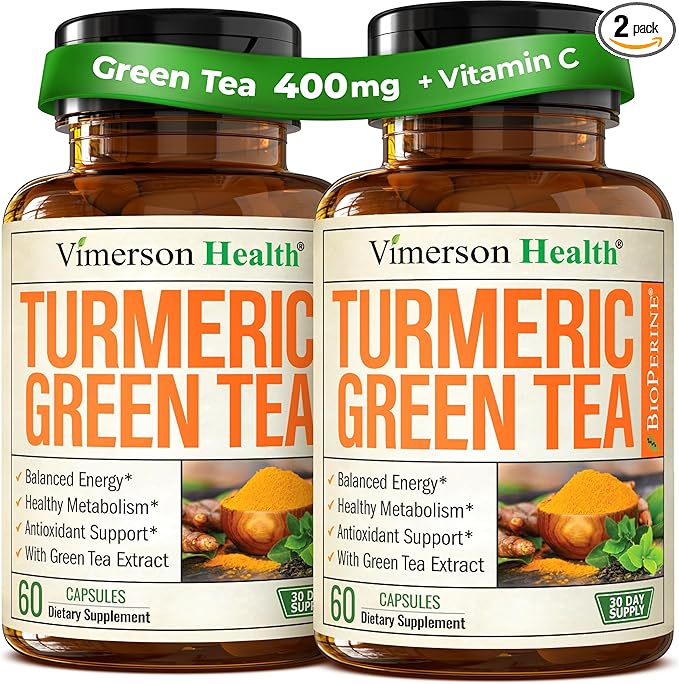 Turmeric Curcumin Supplement with Green Tea Extract (ECGC) & Vitamin C for Joint Health, Energy & Inflammation Balance - Organic Tumeric Curcumin with Black Pepper - Gluten-Free, Non-GMO. 2-Pack