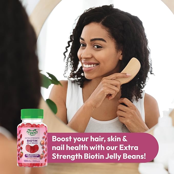 Biotin Jelly Bean Gummy Vitamins, Extra Strength Biotin for Hair, Skin and Nails, 5000mcg per Serving, Hair Growth Vitamins for Men and Women, 120 Strawberry Blast Jelly Beans, Kosher