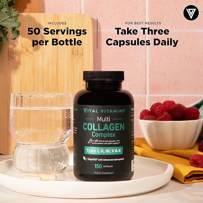 Vital Vitamins Multi Collagen Capsules - Type I, II, III, V, X - Grass-Fed, Collagen Peptides Supplements, Non-GMO - for Men & Women - 150 Count