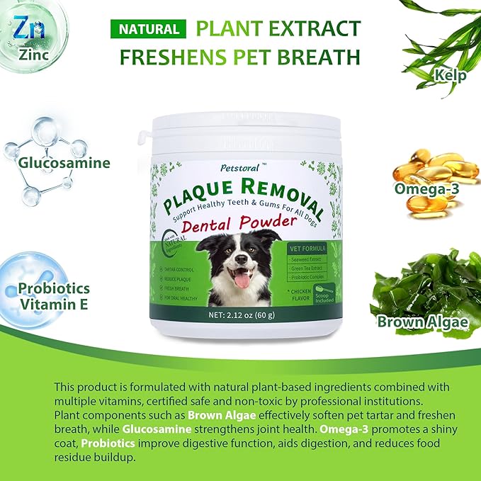 Natural Dog Dental & Supplement Powder, Plaque & Tartar Control with Glucosamine, Omega-3, Probiotics & Vitamin E for Joint, Chicken Flavour, Digestion & Fresh Breath