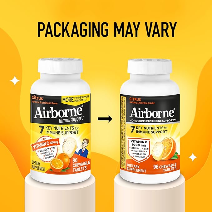 Airborne Vitamin C 1000mg (per Serving) - Citrus Chewable Tablets (96 Count in a Box) - Packaging May Vary