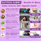 Saffron Supplements Gummies 100mg - 100% Pure Saffron Extract with Magnesium Glycinate, L-Theanine, Turmeric, Ashwagandha, Honey & Vitamin B Complex for Mood & Power, Antioxidant, Vitality - 60 Count