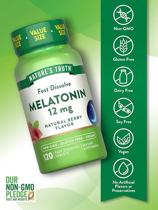 Nature's Truth Melatonin Tablets | 12mg | 120 Count | Natural Berry Flavor | Fast Dissolve | Vegan, Non-GMO & Gluten Free Supplement