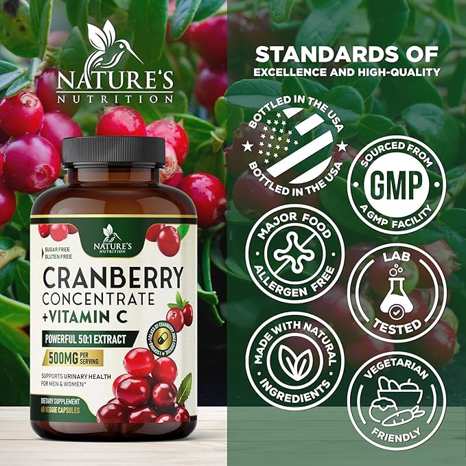 Cranberry Supplement Pills - 500mg Cranberry Extract & High Potency Vitamin C Per Serving - Urinary Tract Health Support for Women & Men - Vegan, Gluten Free, Non-GMO, Made in USA - 60 Capsules