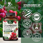 Cranberry Supplement Pills - 500mg Cranberry Extract & High Potency Vitamin C Per Serving - Urinary Tract Health Support for Women & Men - Vegan, Gluten Free, Non-GMO, Made in USA - 60 Capsules