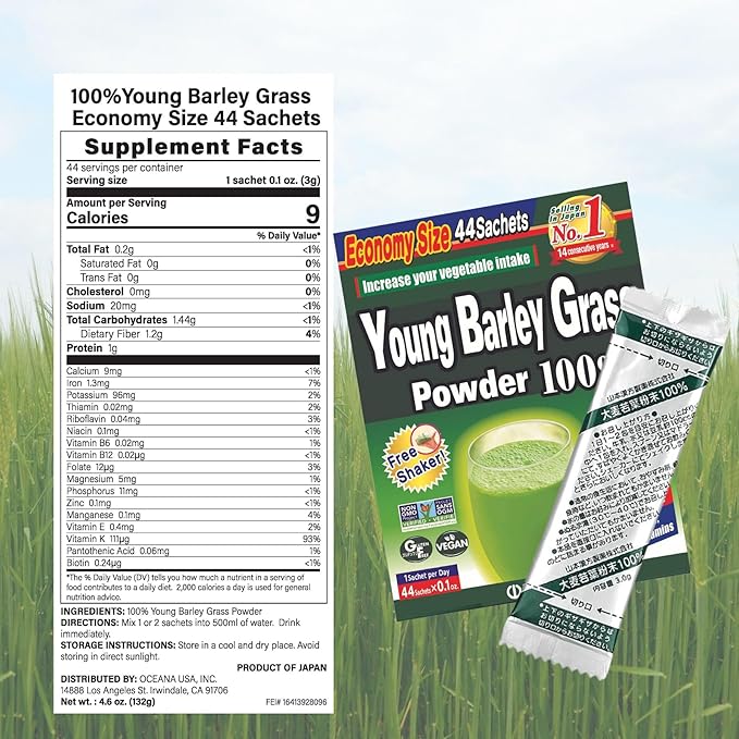 Yamamoto Kanpoh YAMAKAN Young Barley Grass Powder, Grass Juice for Gut Health & Vitality, Rich in Vitamins & Minerals for Women & Men, Super Greens Powder, Non GMO, Gluten-Free & Vegan, 44 Count