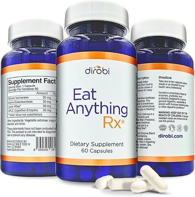 Dirobi Eat Anything Xylose Isomerase Fructose Malabsorption Enzymes, FODMAP Supplement, Digestive Enzymes for Better Lactose, Fat, Protein & Carbohydrate Digestion Gas & Bloating Relief 60 Capsules