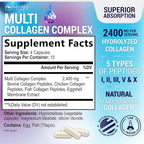 Multi Collagen Peptides Supplement for Hair, Nail, Skin - Type I, II, III, V, X, Collagen Powder Pills - Grass-Fed, Hydrolyzed for Bone and Joint Support for Women & Men, Non-GMO - 60 Capsules